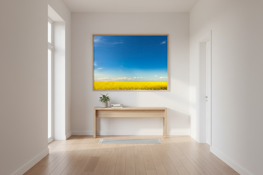 Yellow rapeseed field under a deep blue sky, perfect summer landscape wall art print.