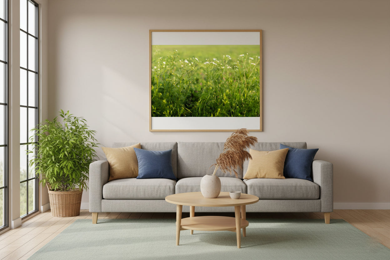 Living room with a gray sofa, coffee table, and framed picture of a green field.