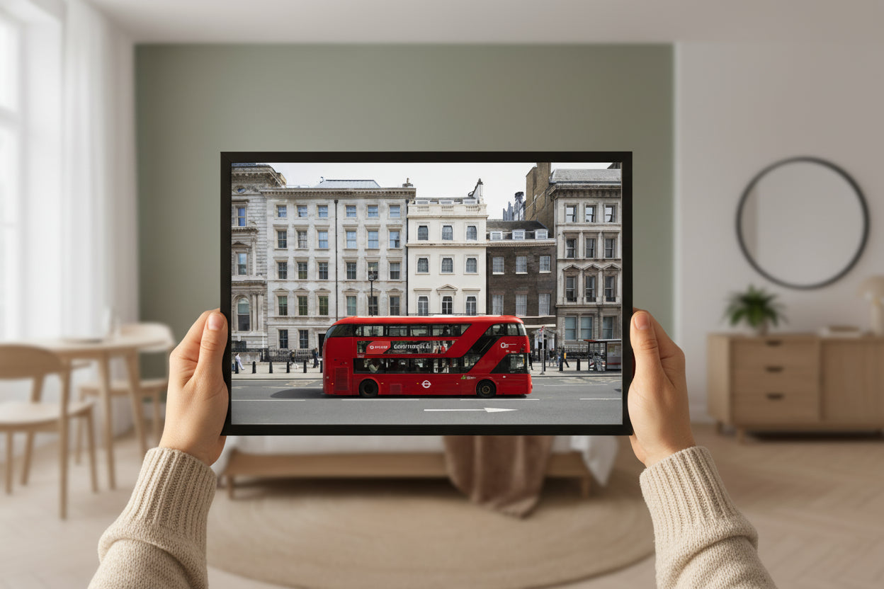 Vibrant red bus and classic London architecture captured in perfect symmetry — fine art city wall decor.