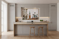 Load image into Gallery viewer, Modern kitchen with light wood countertops and gray cabinets, featuring a wall art piece.
