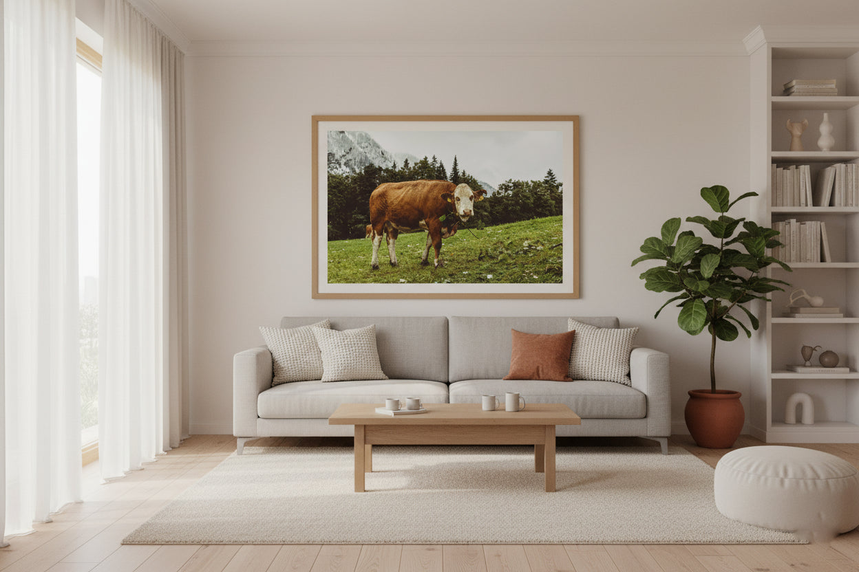 Living room with a cow painting on the wall above a sofa.