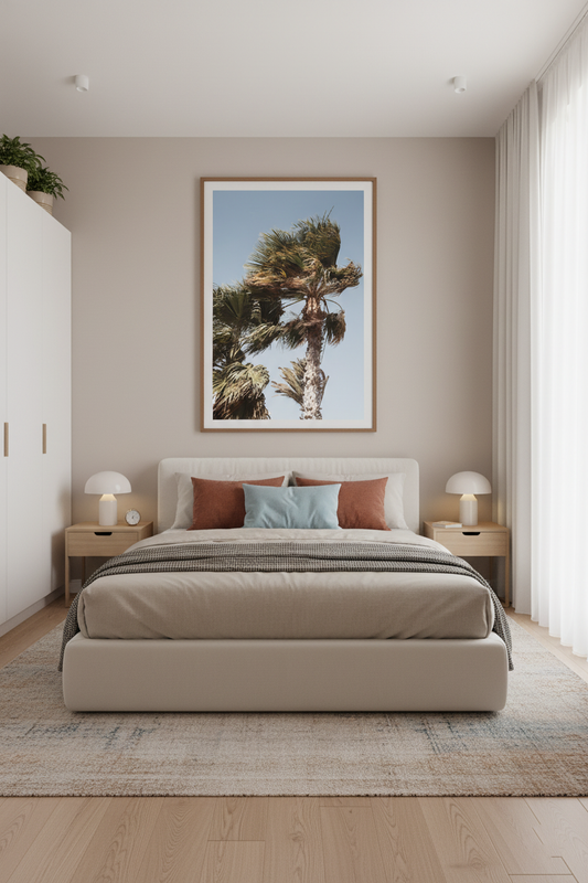 Bright coastal palm tree under sunlight, a serene tropical photography print.