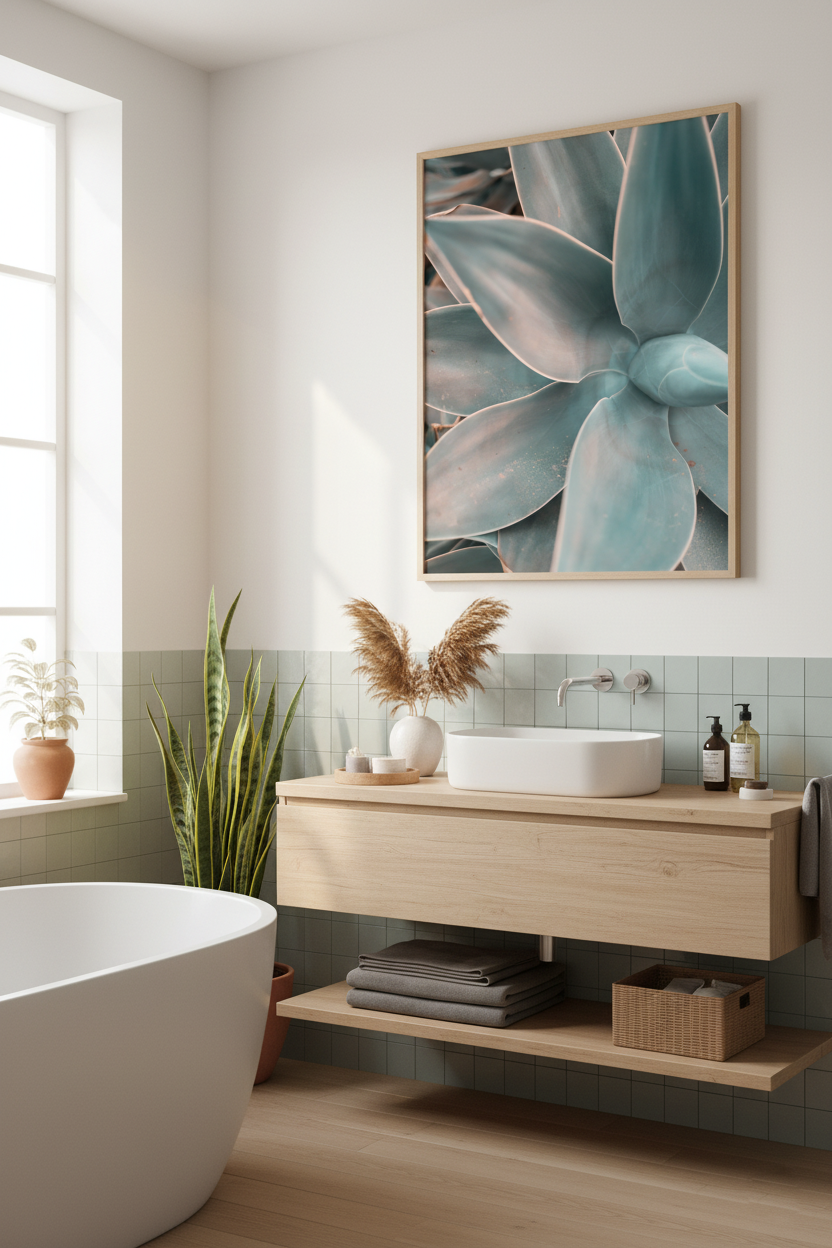 Botanical wall art featuring a detailed agave plant close-up in calming blue-green hues.