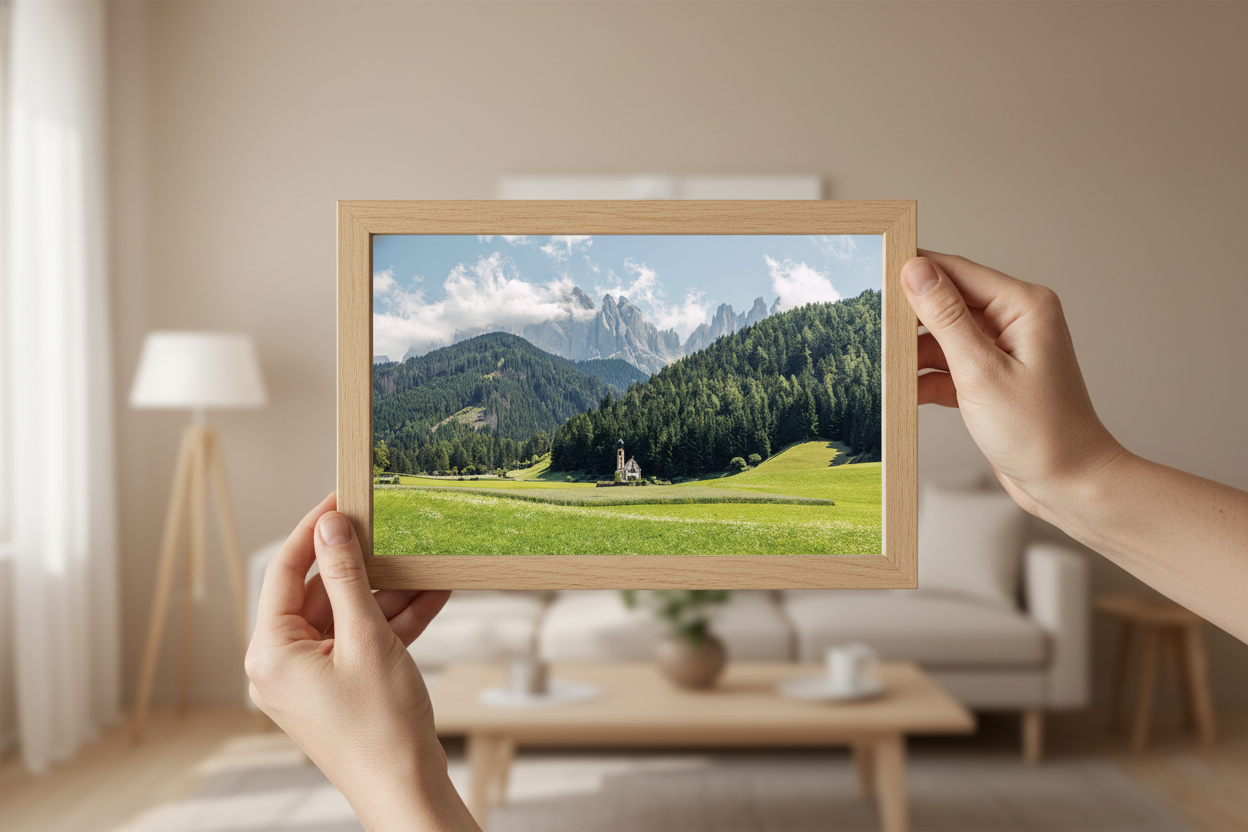 Person holding a wooden-framed picture of a mountain landscape in a living room.