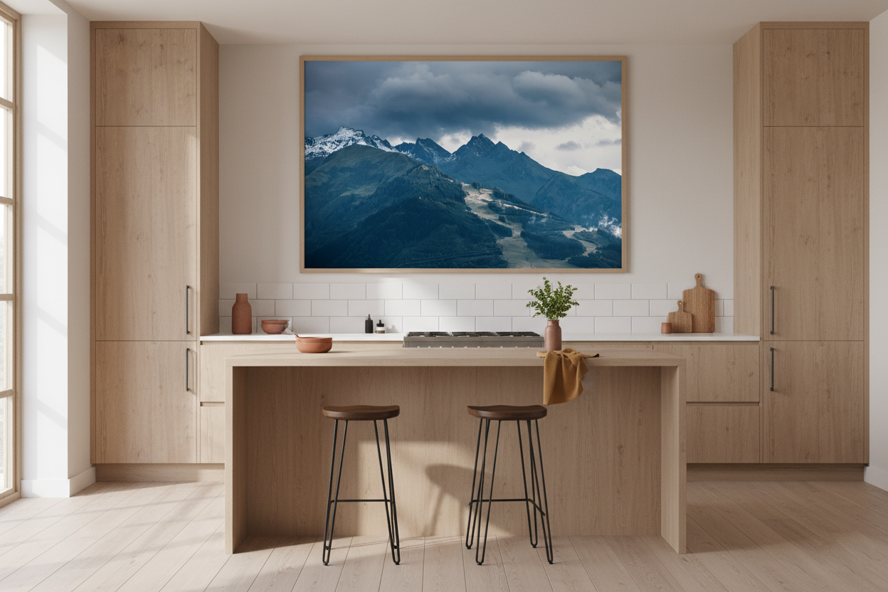 Alpine landscape photography print showing moody skies over peaks.