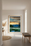 Load image into Gallery viewer, Framed landscape painting in a modern interior setting with a bench and decor items.
