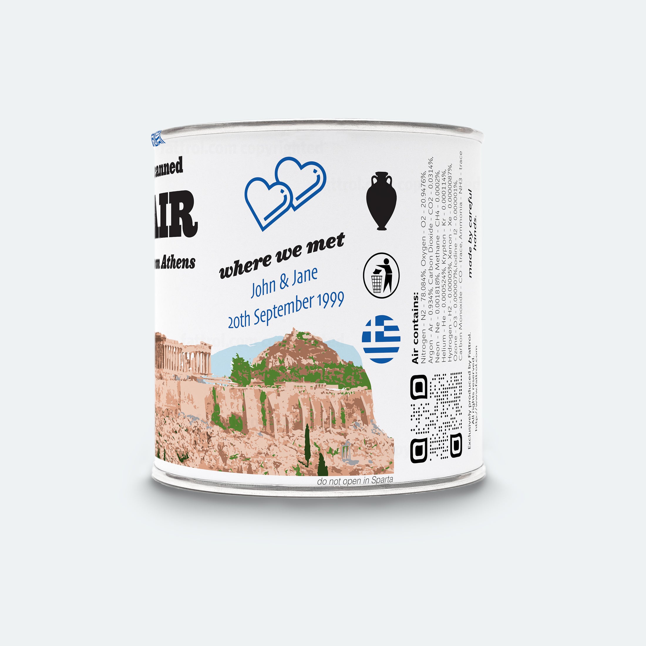 Anniversary edition Canned Air from Athens with blue heart icons and Parthenon artwork