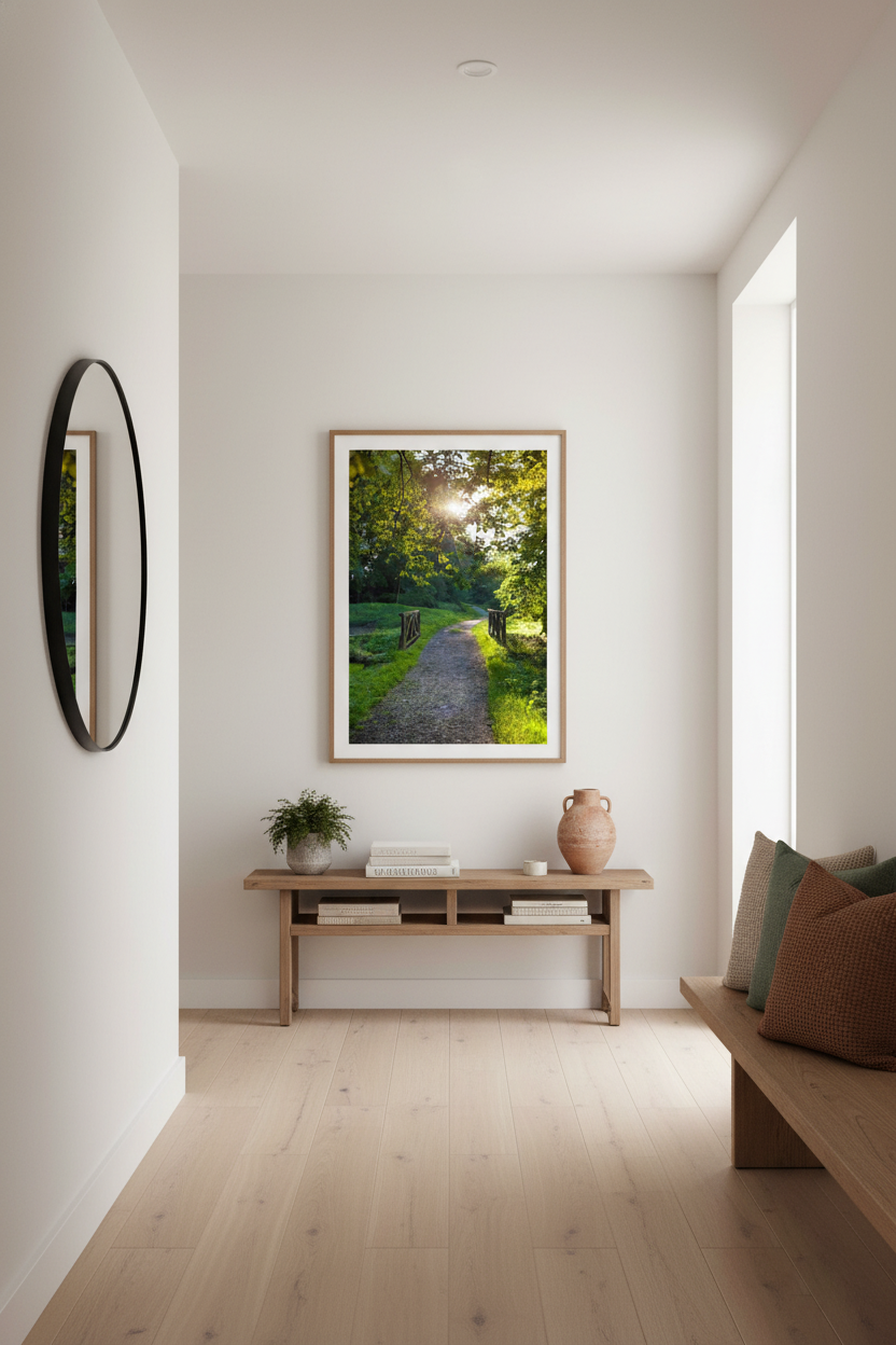 Peaceful summer forest trail with sunlight filtering through the leaves, ideal for photo posters