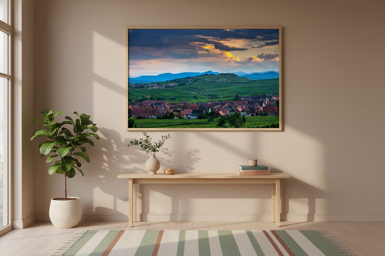 Picturesque French countryside with vineyards and rooftops under a dramatic evening sky