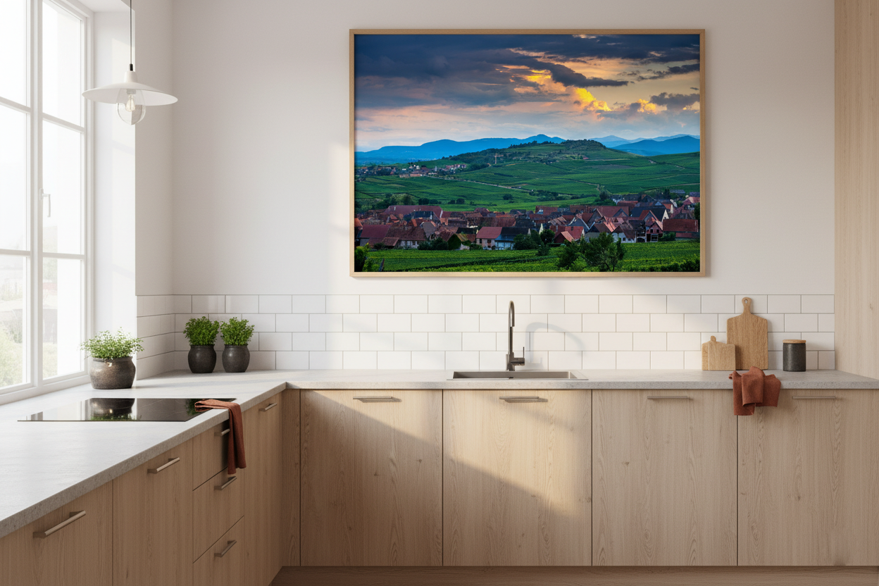 Vibrant sunset over French wine country with green fields and traditional village houses.