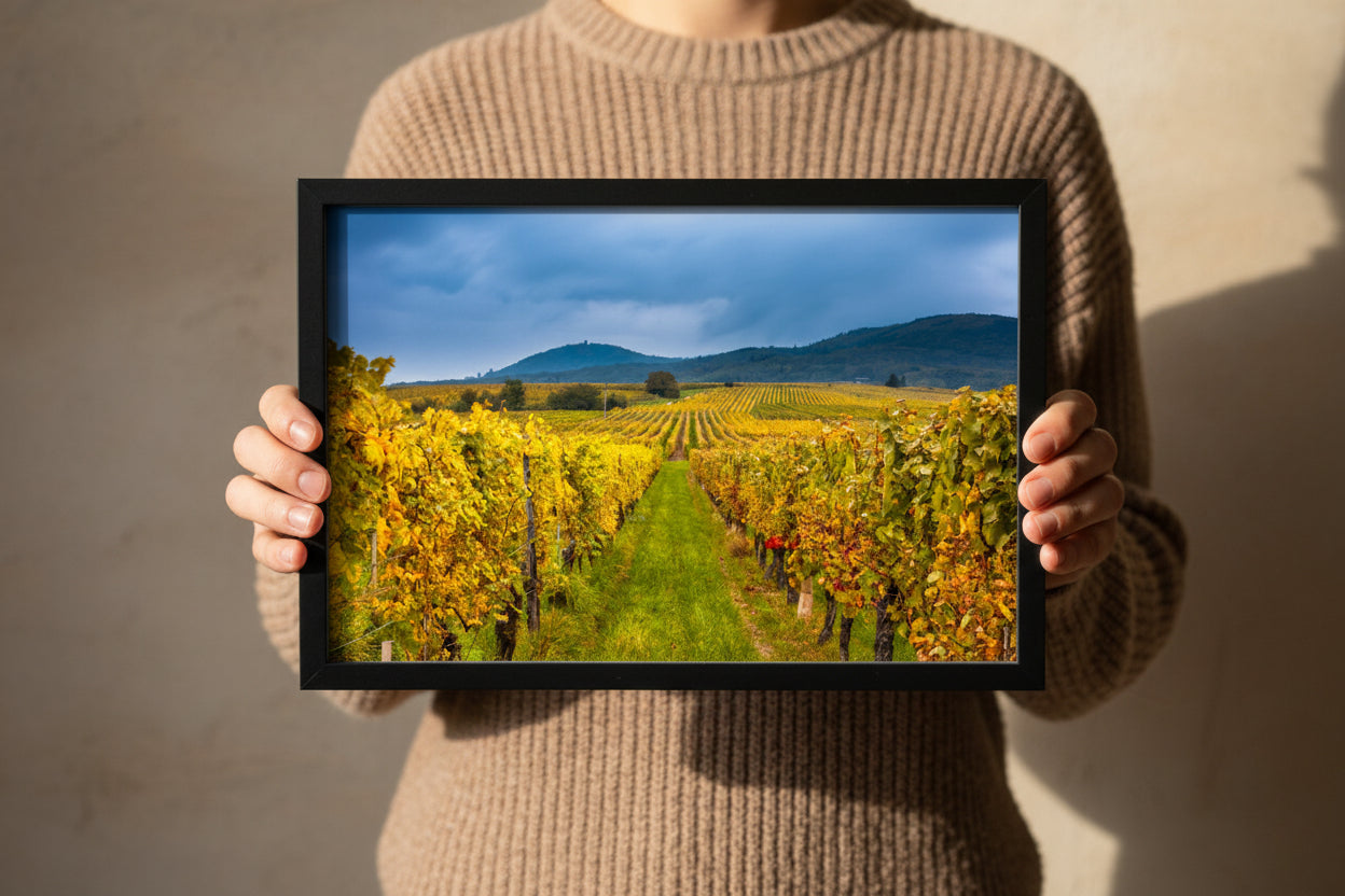 Countryside vineyard scene in Alsace with warm fall colors and moody sky.