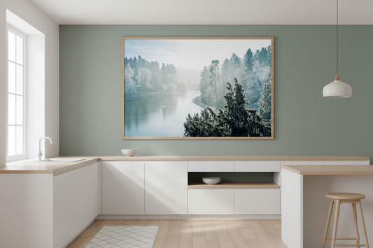 Fine art print of a peaceful winter river surrounded by frost-covered pine trees and soft morning mist.