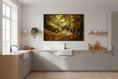 Load image into Gallery viewer, Golden autumn woods with a forest trail and sun rays, perfect for wall art or photo print
