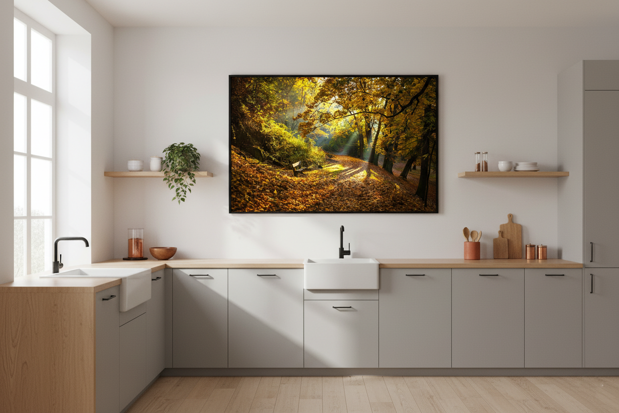 Golden autumn woods with a forest trail and sun rays, perfect for wall art or photo print