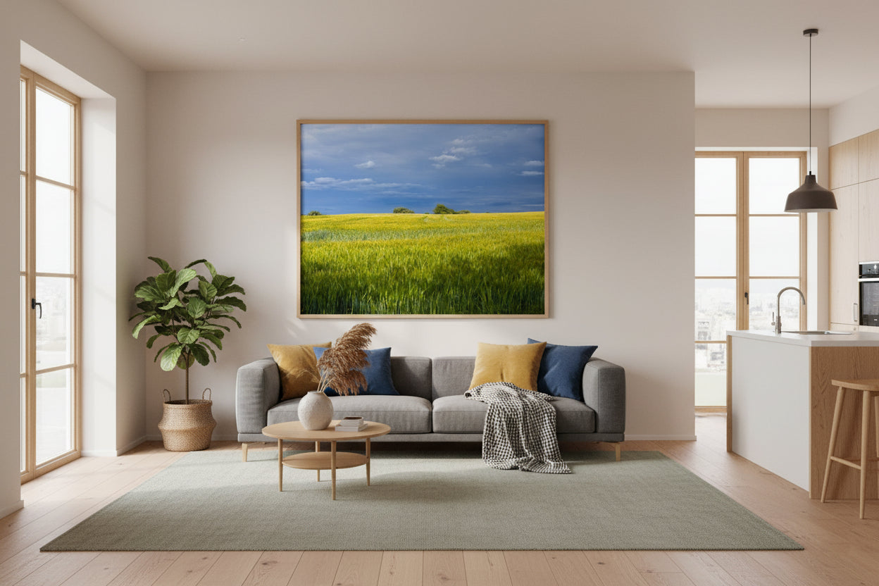 Modern living room with a gray sofa, coffee table, and large painting of a field.