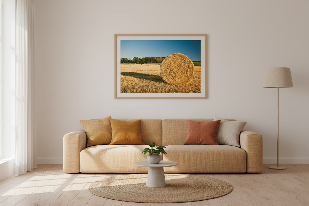 Large hay roll in a sunlit field after harvest, countryside decor photo print.