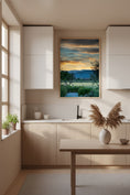 Load image into Gallery viewer, Modern kitchen with a painting of a sunset over a field on the wall.
