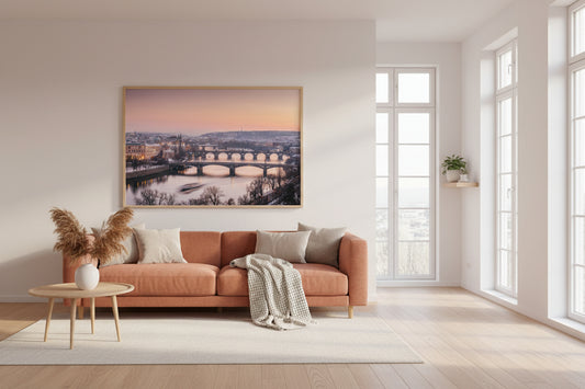 Prague skyline and historic bridges in evening light — wall art.