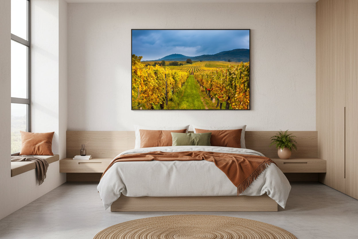 Vibrant autumn vineyard with rolling hills in the background — fine art photo.