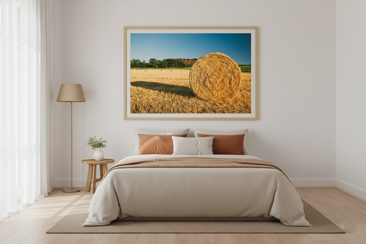 Summer farmland landscape with wheat stubble and hay rolls, beautiful nature wall decor