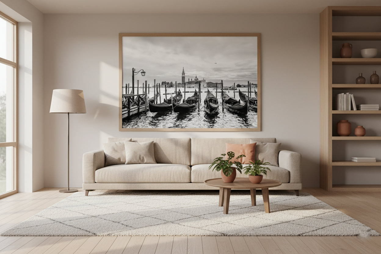 Living room with a beige sofa, coffee table, and wall art of a cityscape.