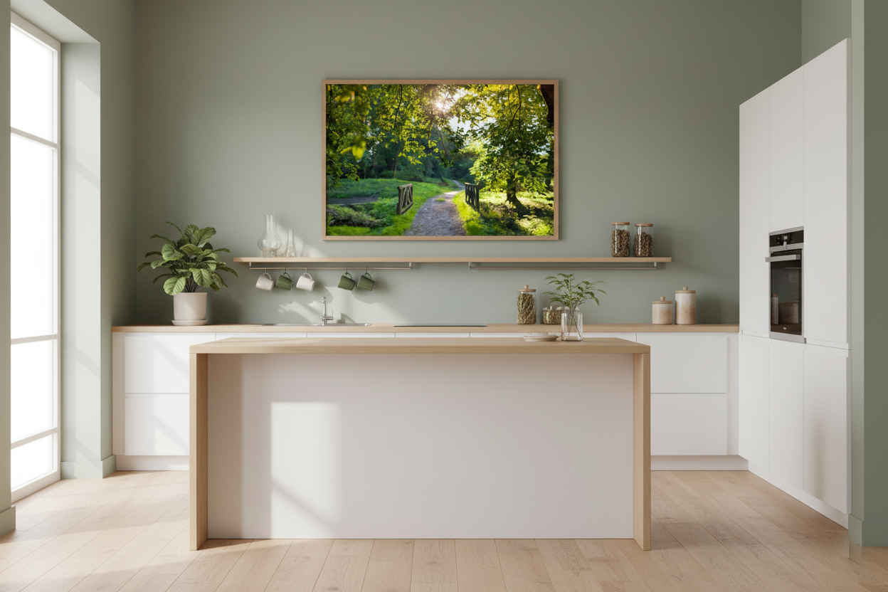 Green landscape with wooden bridge and sunlight, forest wall art print
