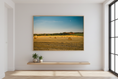 Load image into Gallery viewer, Countryside panorama with hay bales and moon over the horizon
