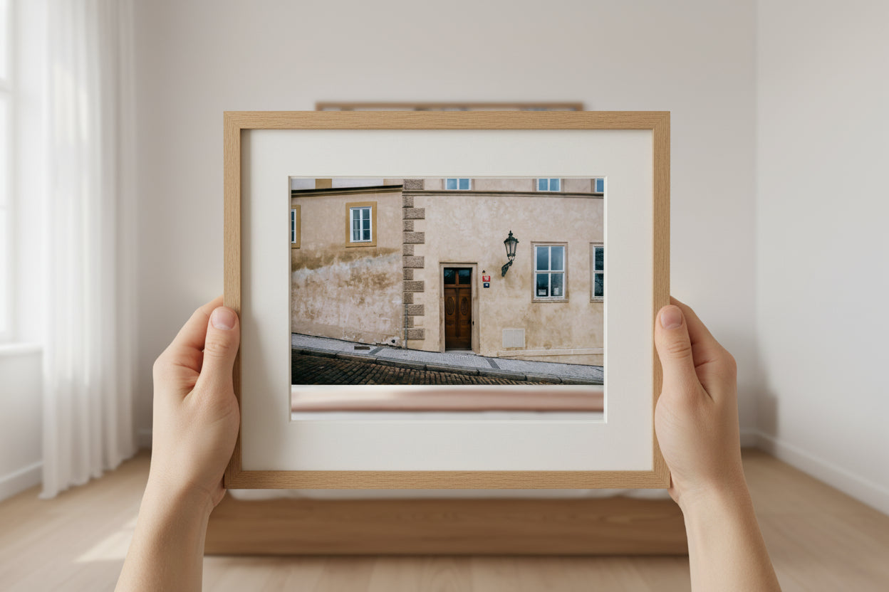 Person holding a framed picture of a building with a white wall and wooden frame.