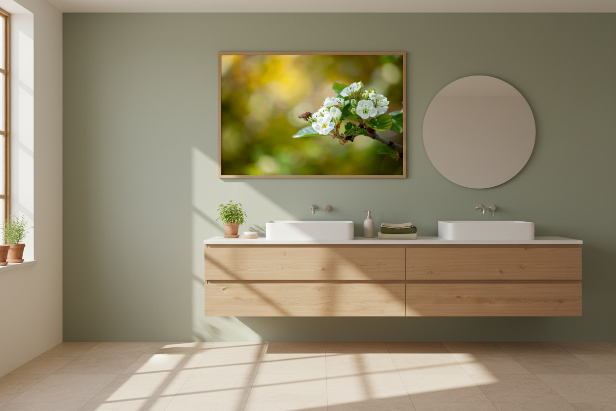 Bee hovering near white blooms, perfect nature wall art print for home decor