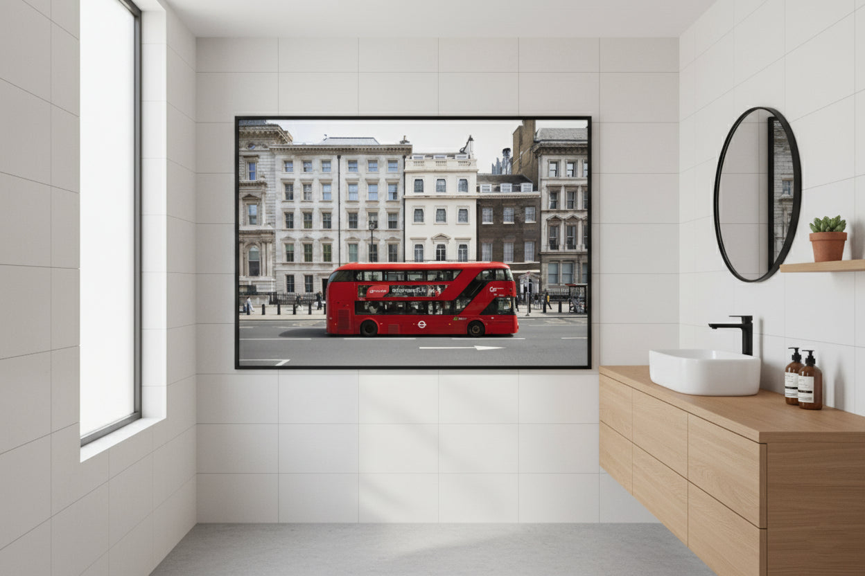 Classic red London bus in motion against elegant Georgian and Victorian buildings — urban travel wall art.