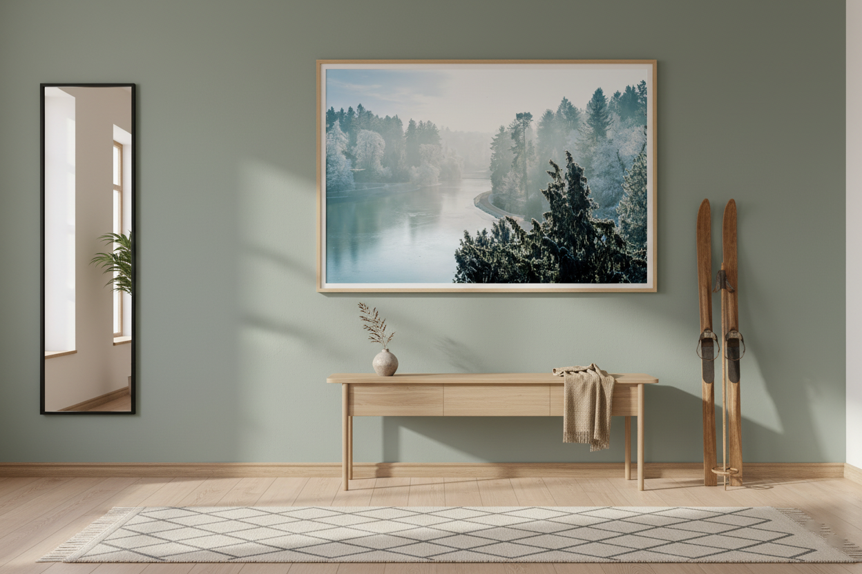 Panoramic winter landscape featuring a frozen river and snowy forest, ideal wall art for home or office décor.