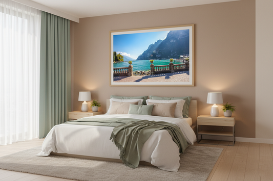 Scenic view of Lake Garda in Italy with turquoise water and mountains, perfect for wall art or poster print.