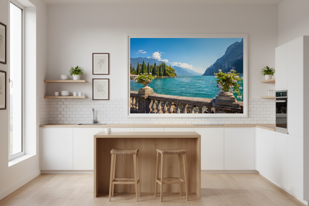 Scenic view of Lake Garda in Italy with turquoise water and mountains, ideal for wall art or travel poster