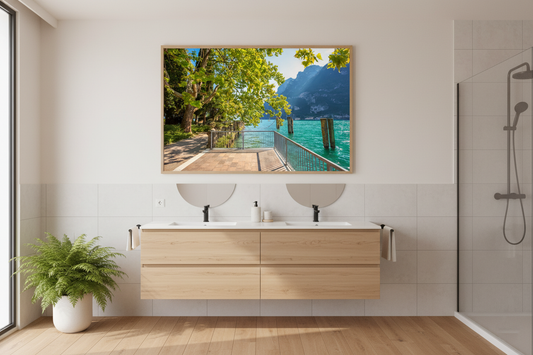 Scenic view of Lake Garda in Italy with turquoise water and mountains, ideal wall art print.