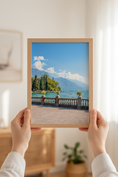 Load image into Gallery viewer, Beautiful Italian lake landscape photo print showing mountains and turquoise water
