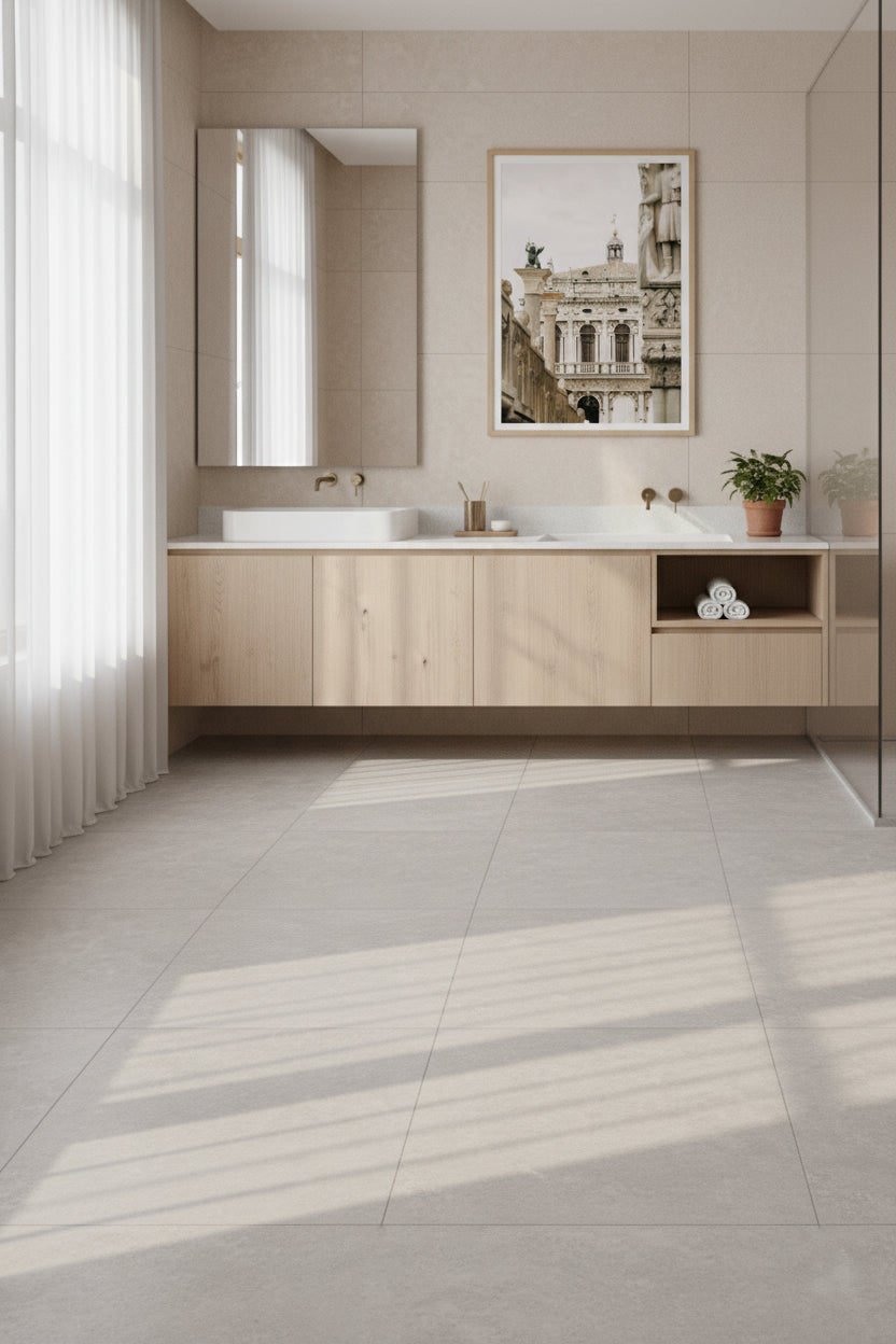 Modern bathroom with wooden vanity, white countertop, and framed artwork on the wall.