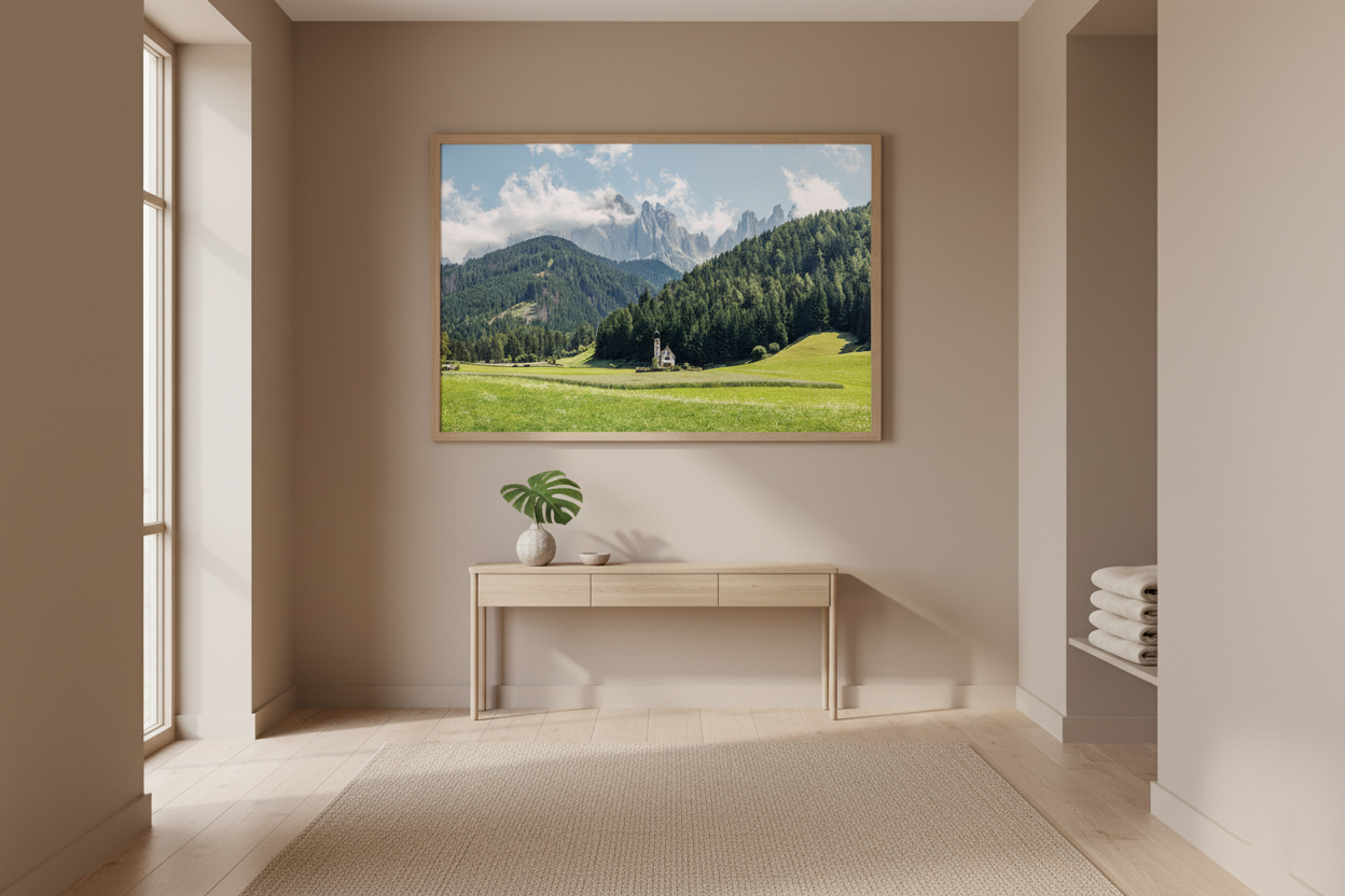 Modern interior with a large framed picture of a mountain landscape on a wall.