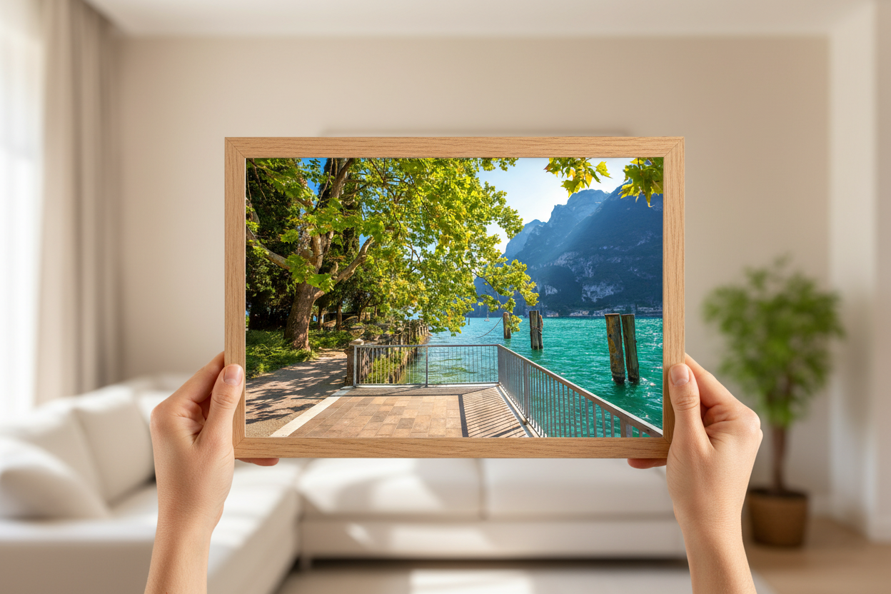 Beautiful Lake Garda waterfront with green trees and mountain backdrop, Italian landscape poster