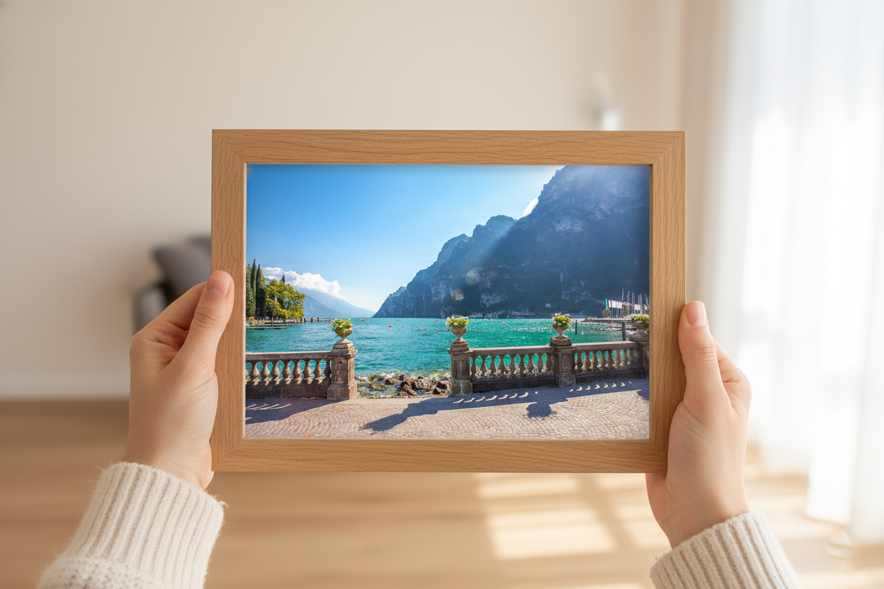 Bright sunny day at Lake Garda with mountain reflections and sailing boats, Italian travel wall art