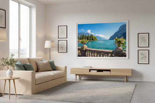Tranquil Lake Garda waterfront with flowers and mountain background, perfect nature wall print