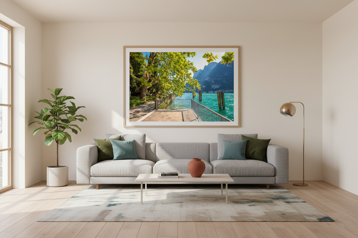 Peaceful summer day at Lake Garda with clear blue water and sunlit promenade, photography print
