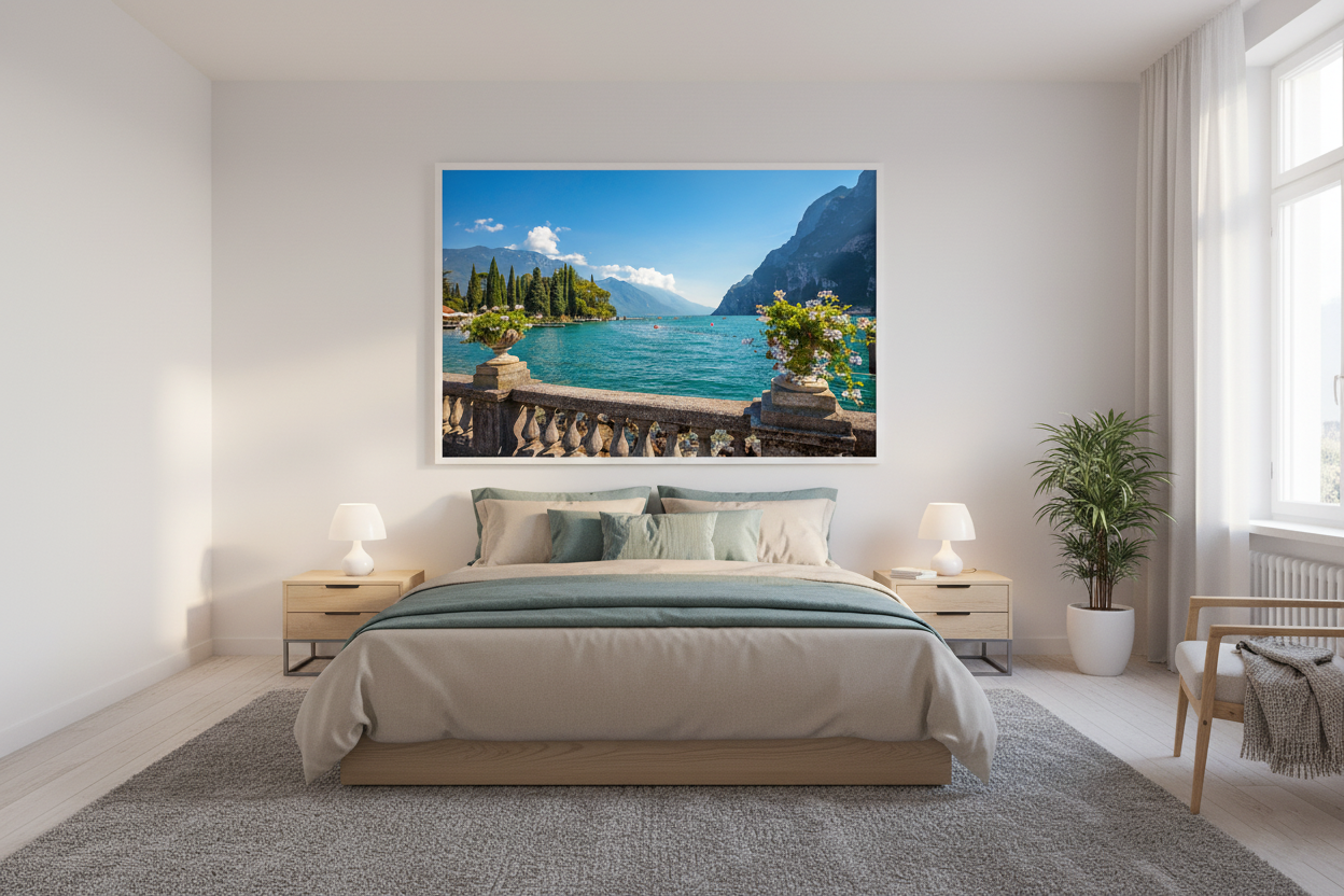 View of Lake Garda’s clear blue water from a stone terrace, Italian travel photography poster