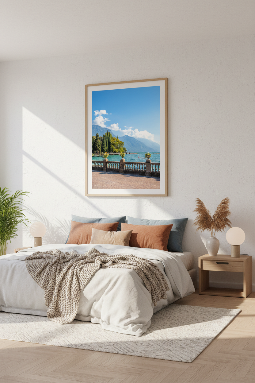 Serene Lake Garda poster with mountain backdrop and Mediterranean cypress trees