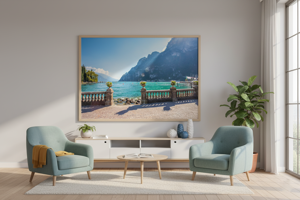 Riva del Garda promenade overlooking mountains and lake, perfect Italian landscape print.