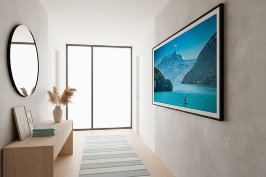 “Scenic view of Lake Lucerne and the Swiss Alps with a sailboat on turquoise water, perfect for wall art or poster print.”