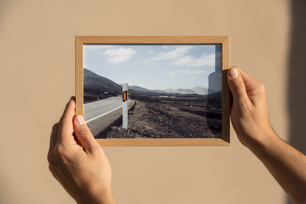 Minimalist landscape photo print of a winding road through volcanic hills