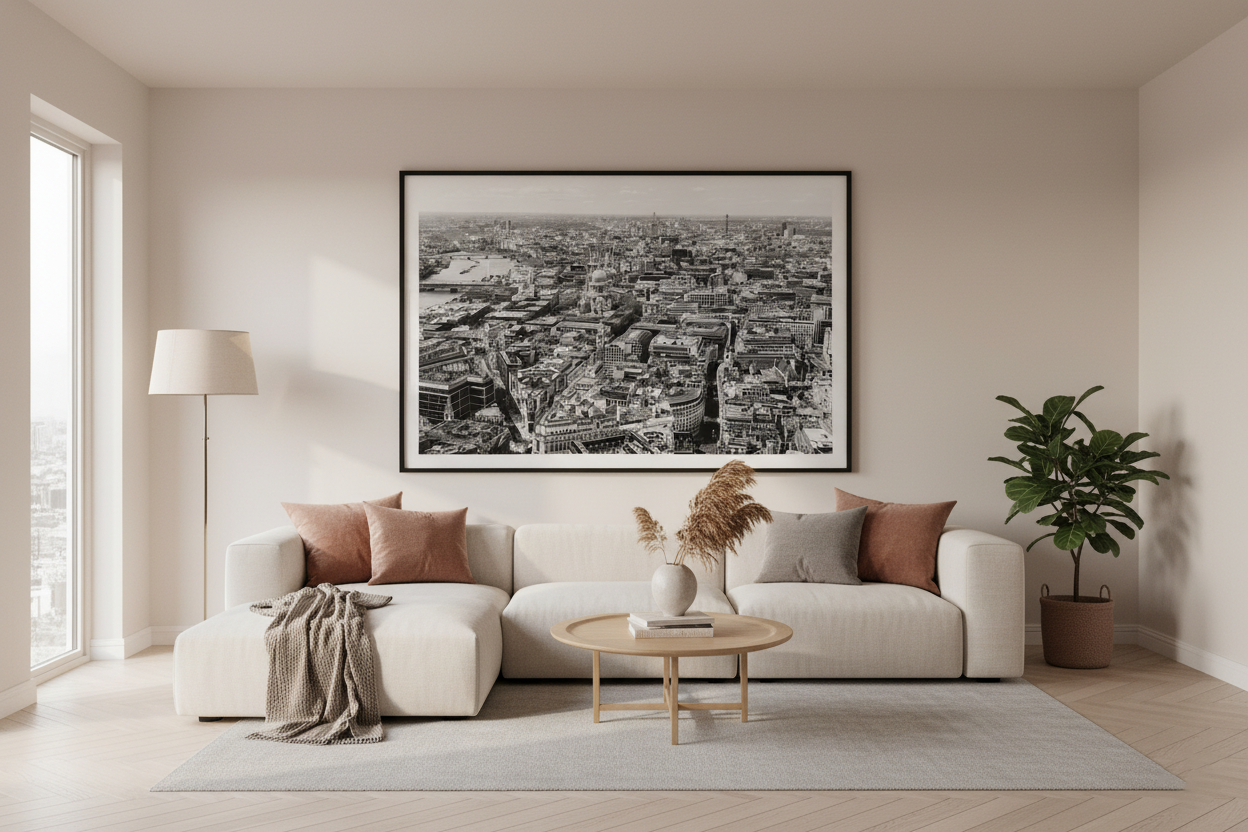 Framed black and white cityscape print held by a person in a room.