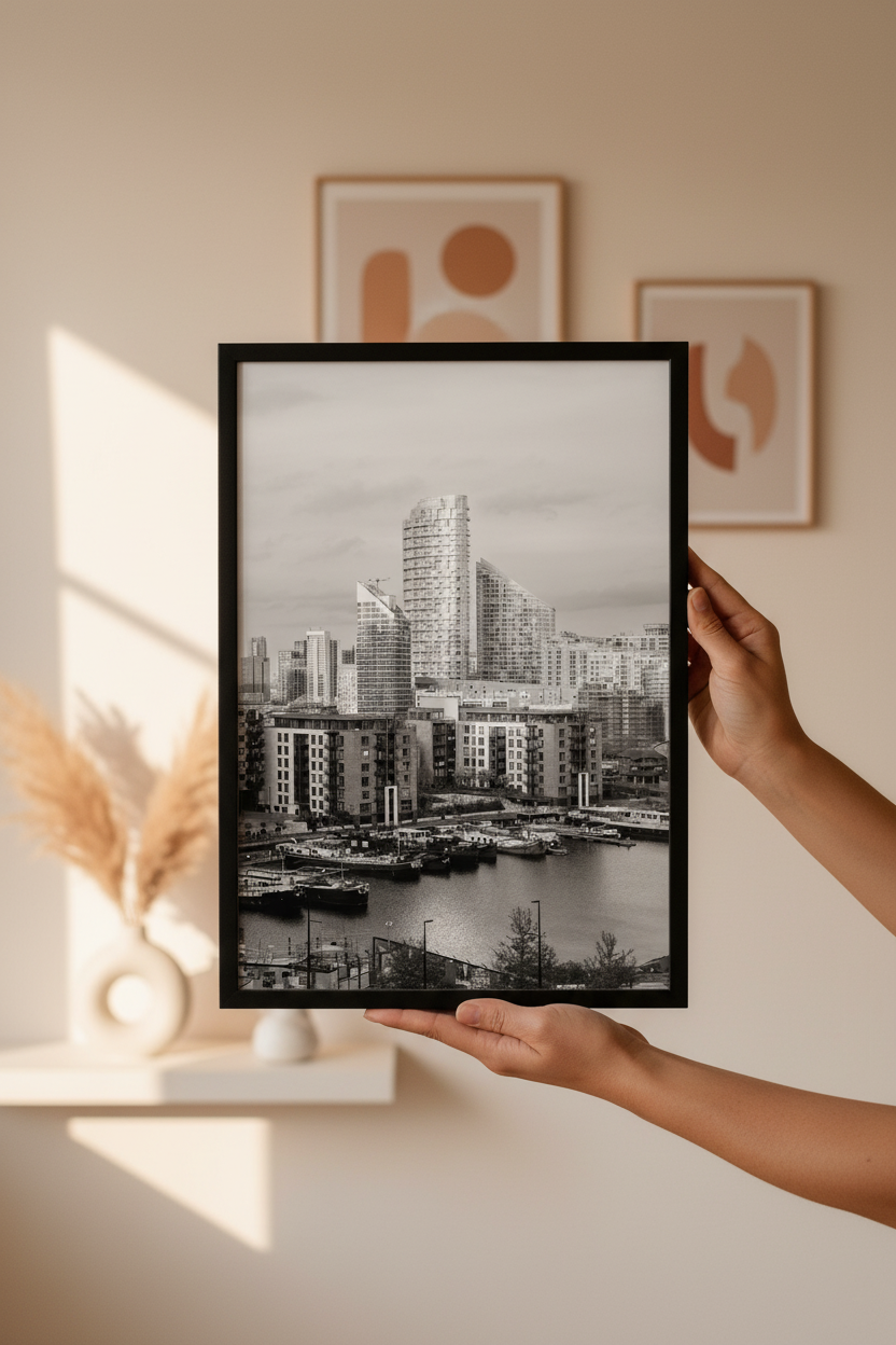 Person holding a framed black and white cityscape print against a wall with other framed art.
