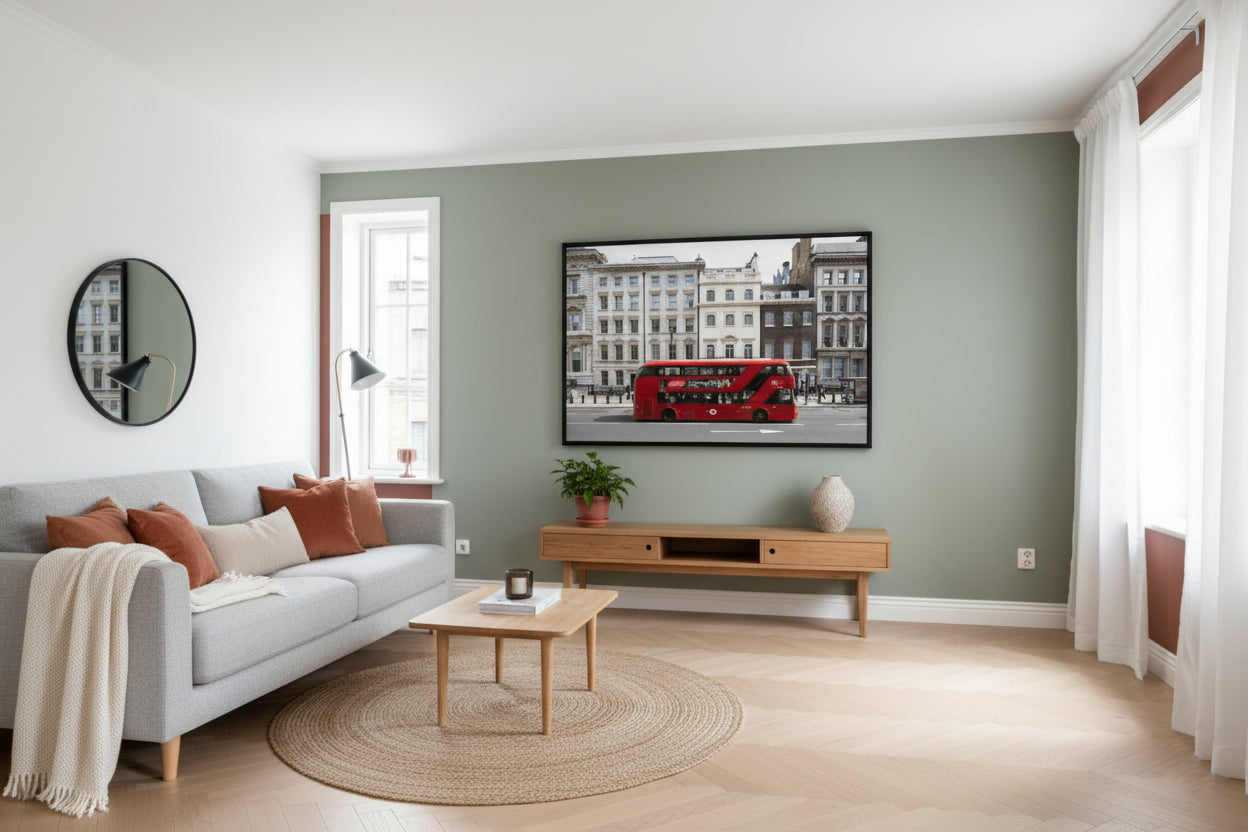 Street scene of central London featuring the iconic red double-decker bus and timeless British architecture.