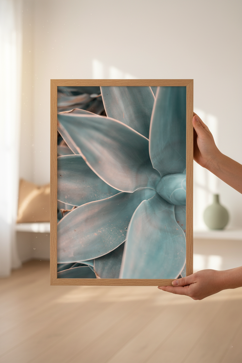 Teal agave macro print for contemporary wall decor and botanical art collections.